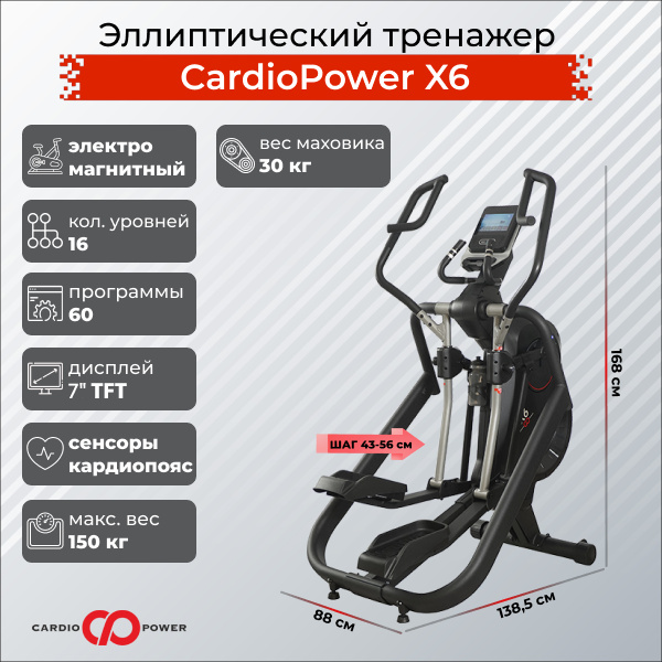CardioPower X6 из каталога эллиптических тренажеров с длиной шага от 50 см в Омске по цене 179900 ₽